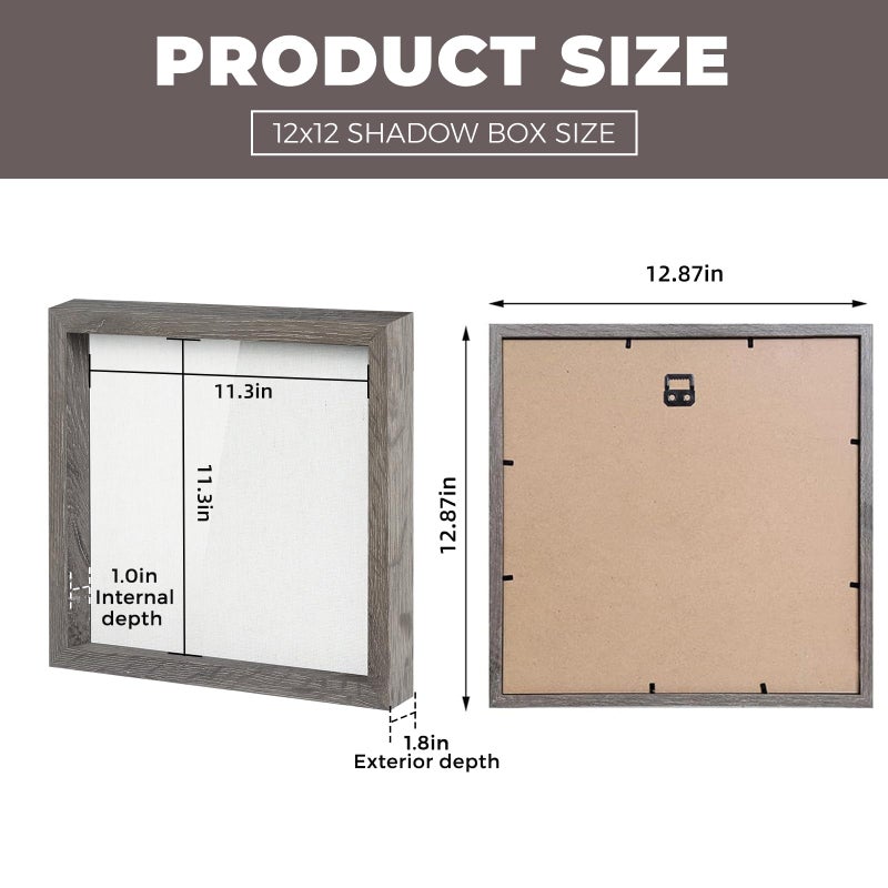 Muzilife 12x12 Shadow Box Picture Frame with Linen Board Deep Wood Glass Display Case Ready to Hang Memory Box Baby Sports Memorabilia, Pins, Awards, Medals, Wedding Photos (Grain Gray) - Image 3
